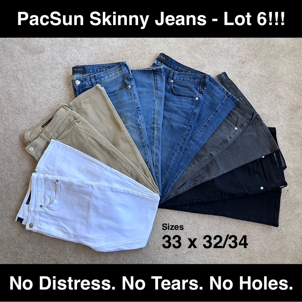 PacSun Skinny Jeans 33x32 and 33x34 Lot 6 White Khaki Blue Grey Black